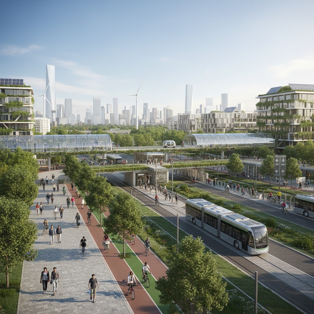 A modern, green city features pedestrians walking on a paved pathway, cyclists on a dedicated lane, and a tram driving along tracks with skyscrapers in the background.