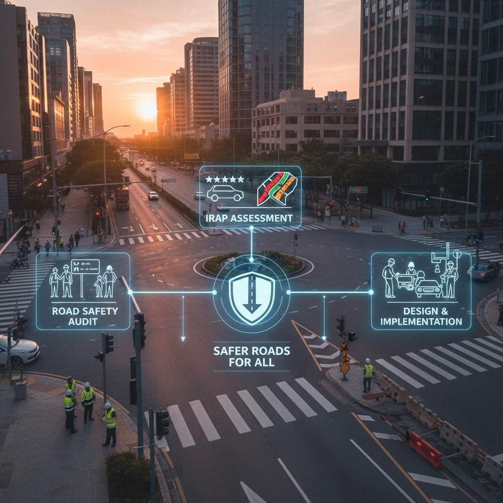 A digital overlay of road safety icons and assessment steps is displayed over a busy city intersection at sunset.