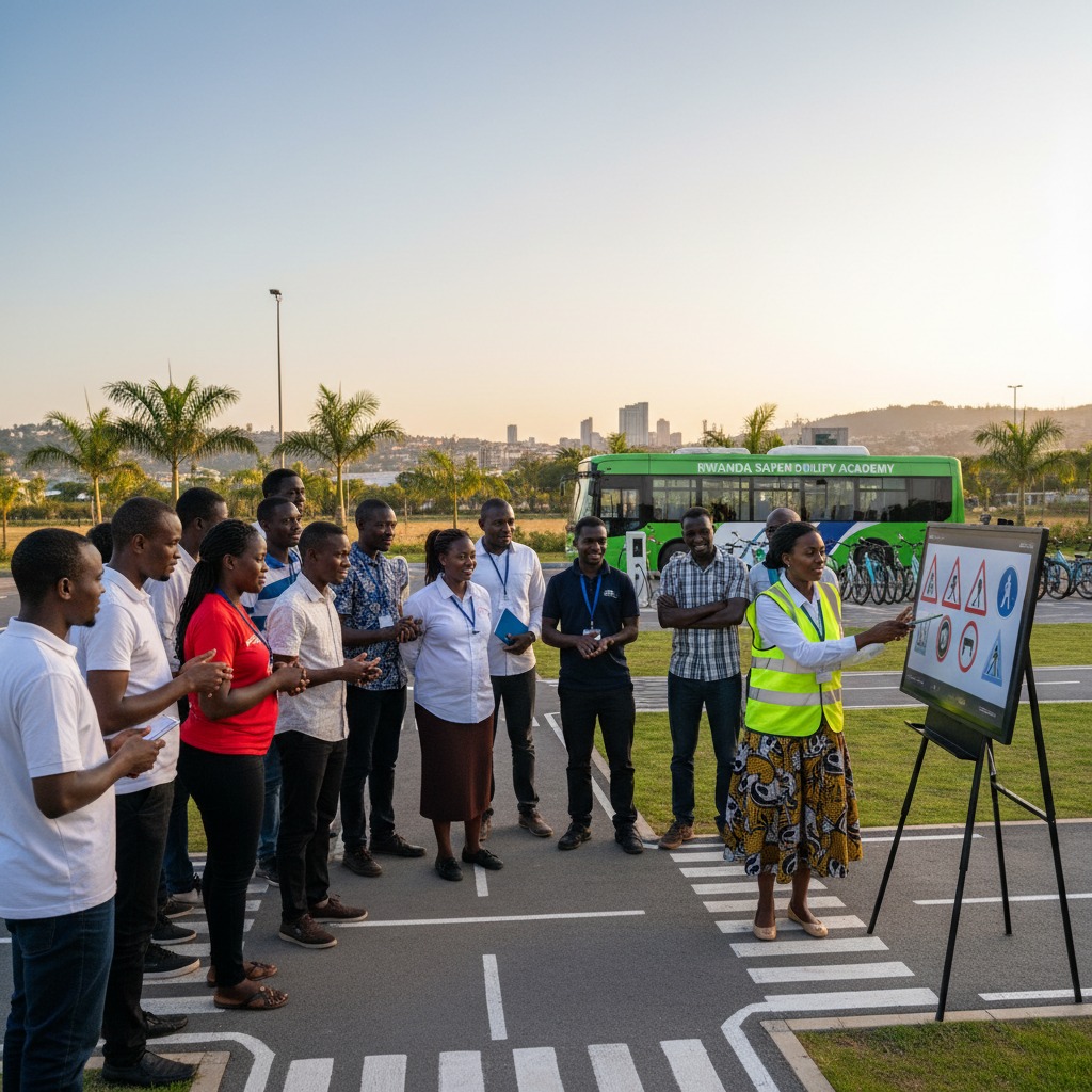 A woman in a high-visibility vest points to a traffic sign chart on an easel while leading an outdoor training session for a group of adults.