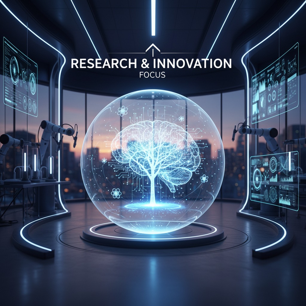 A glowing blue sphere containing a digital tree and brain graphic sits in a modern laboratory with robotic arms and data screens.