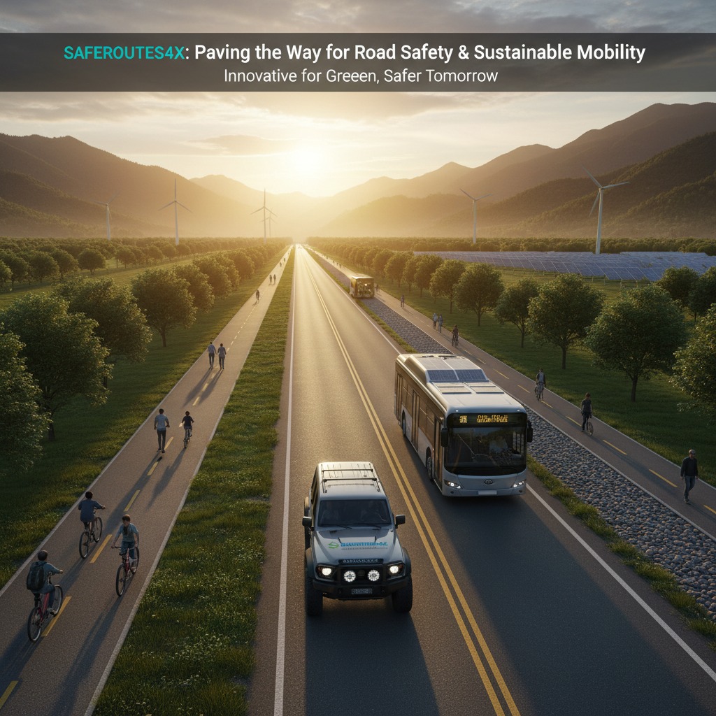 A multi-lane highway stretches toward the sun setting behind mountains, flanked by separated bicycle lanes and walking paths filled with people, wind turbines, and solar panels.